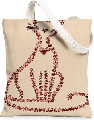 Generic Heart Cat Canvas Tote Bags, Cute Feline Design Reusable Grocery Bags, Vintage Lightweight Washable Shoulder Strap Canvas Fo, Beige, 13x15 Inch