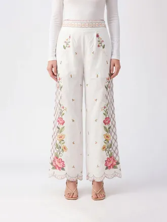 Farm Rio Pantaloni cropped Off-White Flower a gamba larga in misto lino