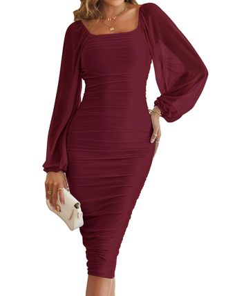 Merokeety Womens Long Puff Sleeve Ruched Bodycon Dress Square Neck Mesh Cocktail Party Midi Dresses, Wine Red, S