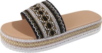 Generic Ethnic Style Woven Print Ladies Open Toe Flat Sandals for Women Bohemian Fashion Beach Holiday Slide Slippers Comfortable Casual Footwear with Unique 