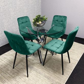 Kosy Koala Modern Round Glass Dining Table Set With 4 Green Velvet Chairs Dining Room Furniture in Brown