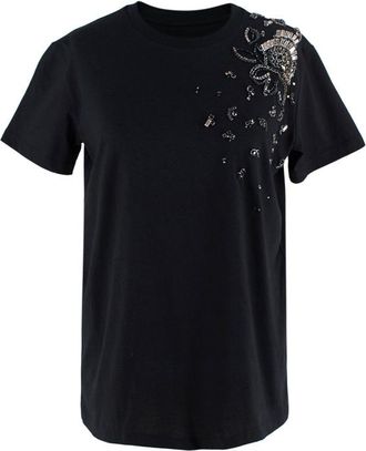 Prada Navy Cotton T-Shirt with Crystal Embellished Shoulder Size M