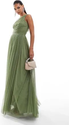 Lace & Beads Bridesmaid one shoulder tulle maxi dress in soft olive-Green