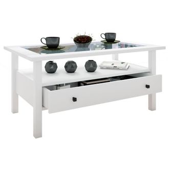 ebuy24 Tavolino vcm in legno con vetro di sicurezza esg Tavolino semplice Dimensioni ca. a. 42 x l. 90 x p. 54 cm Tavolo soggiorno con cassetto Sofatici