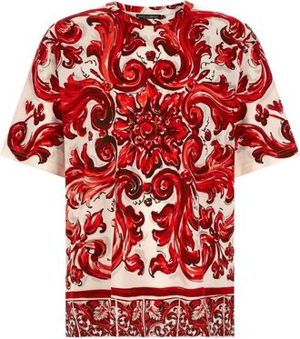 Dolce & Gabbana Maiolica Print Katoenen Jersey T-shirt - Heren - T-shirts - Rood - 2XL - Katoen - Tops
