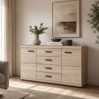Dmora Credenza Hamireso, Aparador 4 Cajones, 2 Estantes, Puerta Abatible, Corredera, 140x42x87h Cm Marr&oacute;n Roble