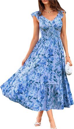 Grace Karin Womens Floral Summer Dress Pockets, V-Neck Ruffled Sleeves Smocked A-Line Dresses for Women UK, Wedding Guest Holiday Dresses Boho Beach Blue-Blue Flo
