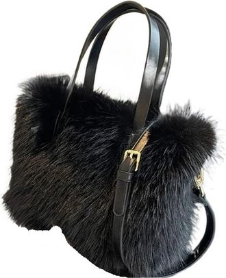 Generic Compatible For Faux Fur Tote Bag Womens Bucket Plush Handbags Soft Winter Crossbody Shoulder Bags(Black B)