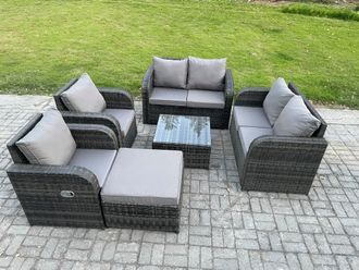 Fimous 7 Seater Rattan Sofa Set Outdoor Garden Furniture Set with Square Coffee Table Loveseat Sofa Reclining Chairs Big Footstool in Dark Grey