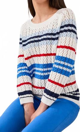 Tribal Striped Crew Neck Sweater With Cable Detail In Royal