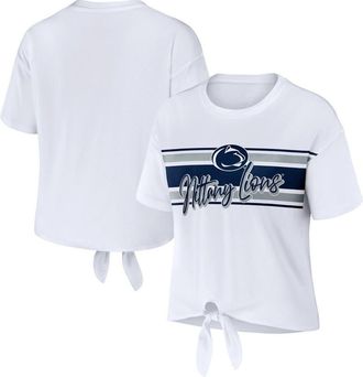 WEAR by Erin Andrews Womens WEAR by Erin Andrews White Penn State Nittany Lions Striped Front Knot Cropped T-Shirt at Nordstrom, Size Xx-Large