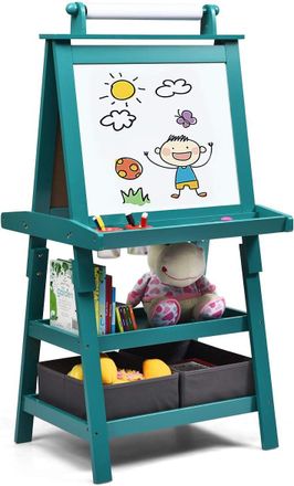 Costway Costway - Pizarra De Doble Cara Para Ni&ntilde;o Caballete De Infantil Tablero De Pie Con 2 Cajas De Almacenamiento,rollo De Papel Y Estantes (azul)