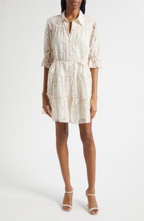 Cinq &agrave; Sept Rayla Floral Jacquared Tiered Shirtdress in Khaki Multi at Nordstrom, Size 10