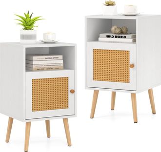 Costway Comodino 40 X 39 X 70 Cm, Comodino Con Ripiano Aperto E Anta Decorata In Rattan Pe, Gambe In Legno Massello (bianco, 2)