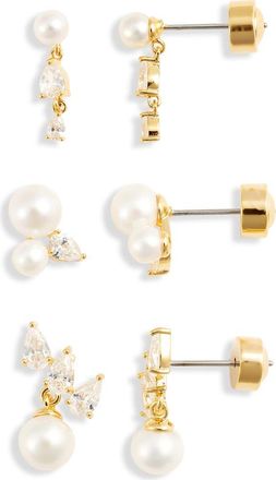 Nordstrom Set of 3 Faux Pearl & Cubic Zirconia Earrings in White- Clear- Gold at Nordstrom