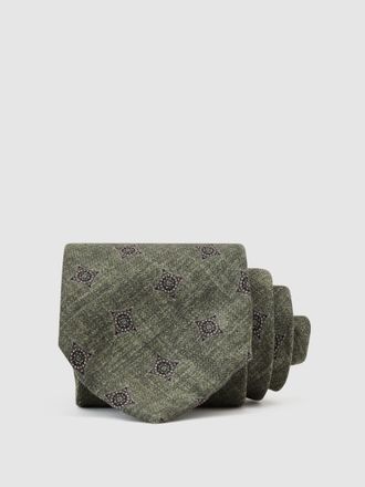 Reiss Dark Sage Green Silk Diamond Medallion-print Tie