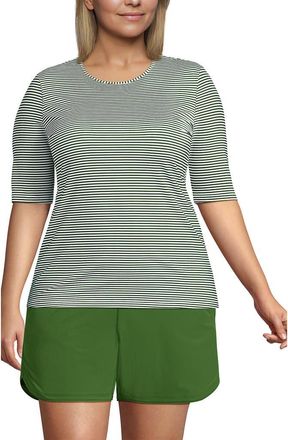 Lands End Elbow Sleeve Relaxed UPF 50 Rash Guard in Fusion Green Mini Stripe at Nordstrom, Size 3 X