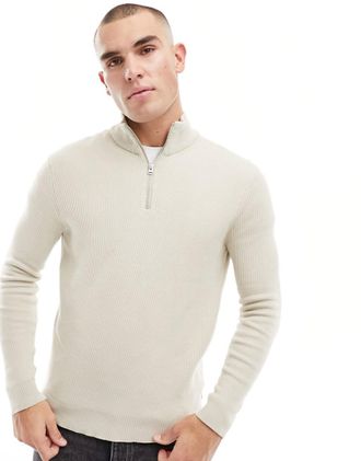 Only & Sons ribbed half zip sweater in stone-Neutral
