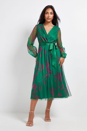 Wallis Womens Petite Floral Mesh Satin Tie Midi Dress - Green - Size 8 UK