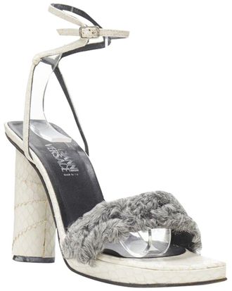 Versace Womens Leather Gianni Versace White Grey Shearling Ankle Strap Cone Heel Sandal (Authentic Pre-Loved)