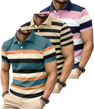 Generic 3 Pack Mens Fashion Color Block Polo Shirts Casual Short Sleeve T Shirt Striped Moisture Wicking Golf Shirts Tops (UK, Alpha, XXL, Regular, Regular, 1