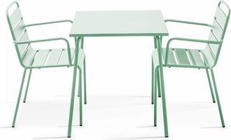 Oviala Conjunto mesa de jard&iacute;n cuadrada y 2 sillas de acero verde salvia