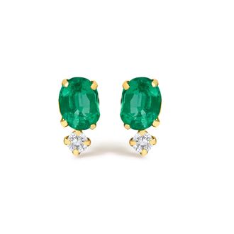 House of Brilliance 18K Yellow Gold Oval Green Emerald and Diamond Double Drop Stud Earrings