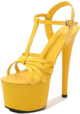 Generic Yellow,4.5 UK,Womens Stiletto High Platform Heel Peep Open Toe Sandals T-Strap Buckle 6.5 Inches Heels Fashion Wedding Party Dress Shoes