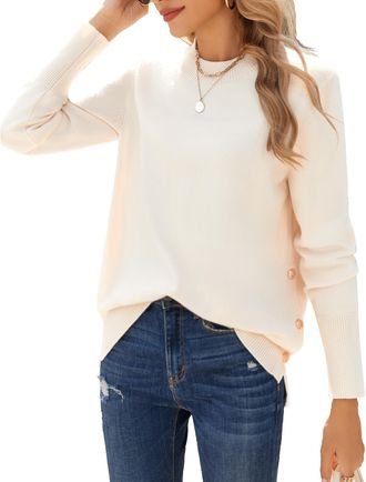 Zeagoo Jumpers for Women UK Long Sleeve Lightweight Jumper Round Neck Tops Casual Sweater with Side Buttons Soft Knitwear for Autumn Winter Cream M