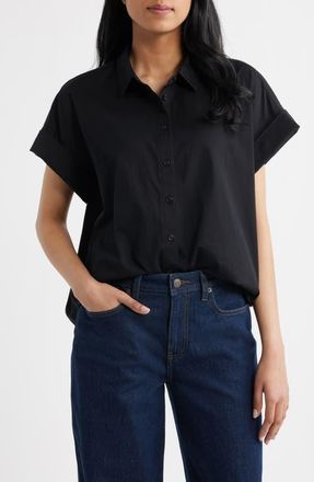 Spanx Oversize Short Sleeve Cotton Button-Up Shirt in Classic Black at Nordstrom, Size X-Small