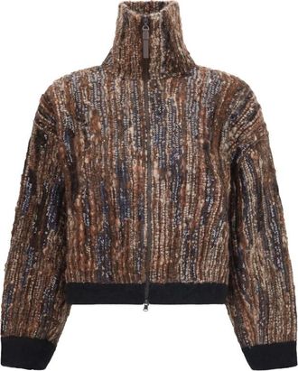 Brunello Cucinelli Brown Stripes Mock Collar Sweater