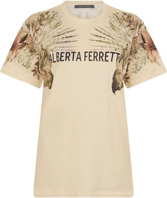 Alberta Ferretti Floral T-shirt met korte mouwen - Dames - T-shirts - Beige - M - Katoen - Tops