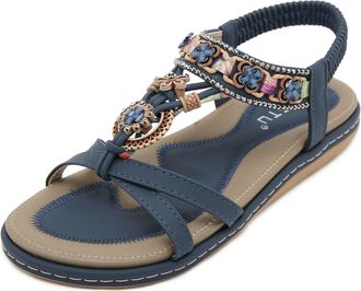 Generic Womens Flat Sandals, Summer Ankle Strap Womens Sandal Comfort Rhinestone Open Toe Slip-On Casual Walking Sandals,Royal Blue,9.5 UK