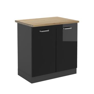 Vicco Armario Bajo Para Fregadero R-line, Negro Brillo Intenso, 80 Cm, Et Roble, Vicco