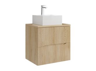 Vente-Unique Mueble de ba&ntilde;o suspendido estriado con lavabo sobre encimera cuadrado y grifo - Natural claro - 60 cm - ORISO
