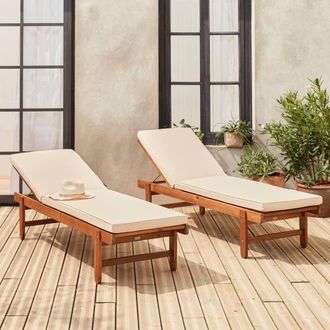 Sweeek Pair Of Multi-position Wooden Sun Loungers With Wheels in Beige