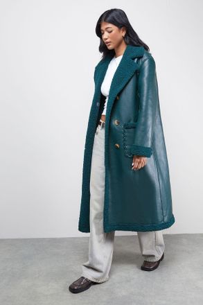 Warehouse Womens Whipstitch Faux Leather Shearling Coat - Blue - Size 10 UK