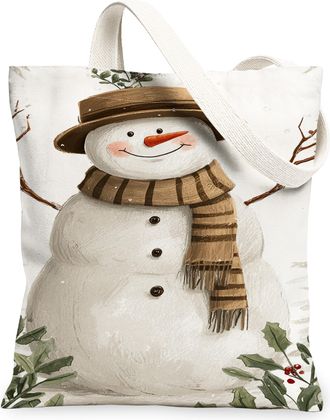 Generic Winter Snow Man Canvas Tote Bags, Holiday Design Reusable Grocery Bags, Vintage Lightweight Washable Shoulder Strap Canvas, White, 13x15 Inch