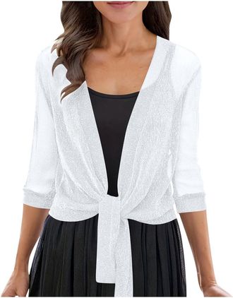Generic Womens Sparkle Knit Jumpers Cardigan Lightweight Lace Trim Open Front Shrug Wrap with 3/4 Sleeves Tie Front V Neck Cover Up for Dresses Elegant Layeri