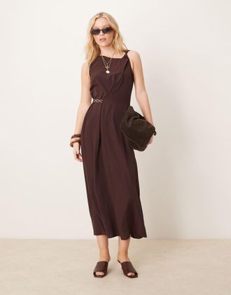 Asos twist strap drape midi dress with gold trim in chocolate brown