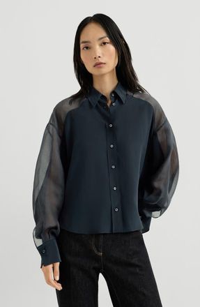 Brunello Cucinelli Silk cr&ecirc;pe de Chine paneled shirt with monili in Blue at Nordstrom, Size Xxx-Large