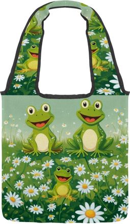 Generic Frog Daisies Reversible Canvas Shoulder Tote - Double-Sided Print, 12oz Cotton, 27cm Drop, Fold-Flat Bag for Travel, Shopping, Street Outings