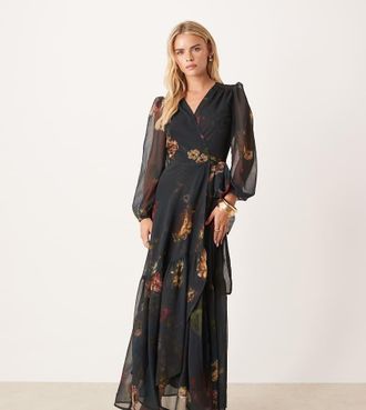 Hope & Ivy Petite Vestito lungo a portafoglio verde scuro a fiori