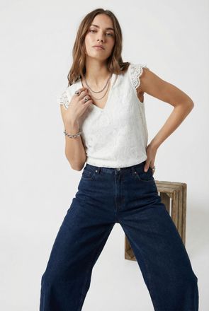 Pieces Spitzentop PIECES PCOLLINE SL LACE V-NECK TOP WVN NOOS, Damen, Gr. XL, weiss (cloud dancer), Spitze, Obermaterial: 90% Nylon, 10% Elasthan, unifarben,