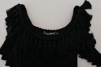 Dolce & Gabbana Womens Black Tank Top Blouse Tassle Cotton