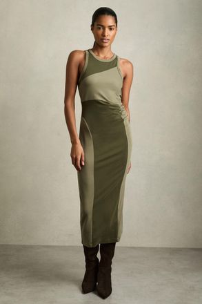 Reiss Womens Khaki Colourblock Jersey Bodycon Dress, Size: M