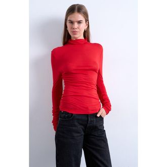 Topshop Funnel Neck Long Sleeve Top in Red at Nordstrom, Size X-Small
