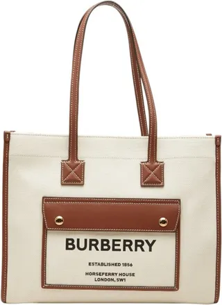 Burberry Brown Ivory Canvas Leather Shoulder Bag Tote Bag (Pre-Owned)