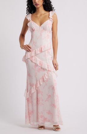 BP. Asymmetric Ruffle Tiered Maxi Dress in Pink- Pink Daria Floral at Nordstrom, Size Xx-Small