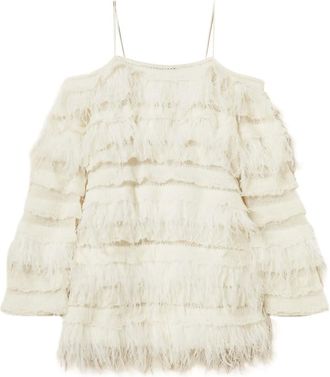 Twin-Set off-shoulder feather-detail dress - White